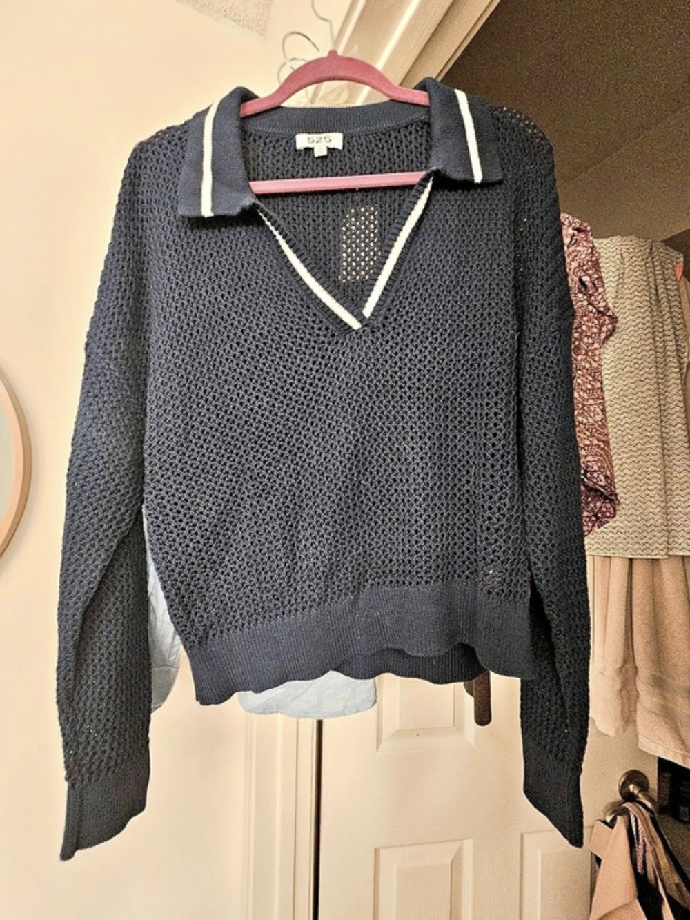 525 America Dania Pointelle Polo Pullover V-Neck Sweater Black Small